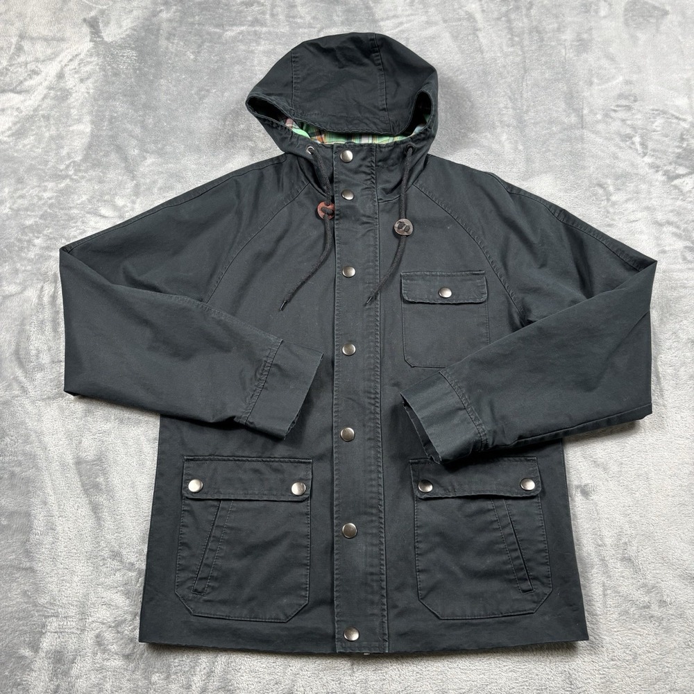 BEAMS Japan Hooded Field Jacket Mens Black Plaid Lined Utility Parka Coat Large
